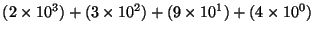 $(2 \times 10^3)+ (3
\times 10^2)+ (9 \times 10^1)+ (4 \times 10^0) $