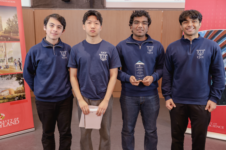 photo of The first-place team from Thomas Jefferson High School in Alexandria, Va., poses for a photo at the Brendan Iribe Center in College Park, Md., on Feb. 8, 2025.