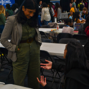 Maryland Lieutenant Governor Aruna Miller, left, speaks to students during the Technica